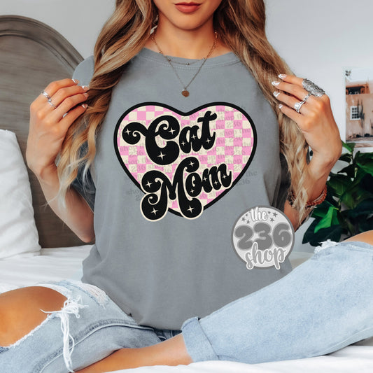 Cat Mom Checkered Tshirt | Comfort Colors | Funny | Valentines Day | Cupid | Love | Hearts | Fur Mom